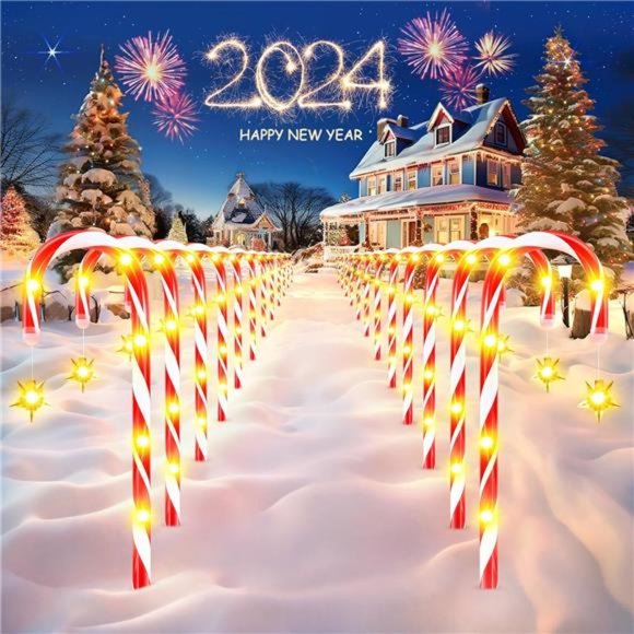 24 Pack, Set of 12 19” Solar Candy Cane w/ 8 Modes& 144 Bright LED, Waterproof